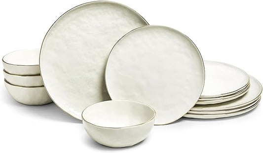Sango 12-Piece Lightweight Stoneware Dinnerware Set for 4, Glossy Vanilla White Plates and Bowls Sets, Gold Rims, Farmhouse Ceramic Dish Set, Rustic Dishes, Microwave and Dishwasher Safe, Gansevoort