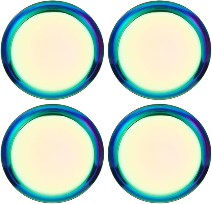 4 Pack 3.9 Inch Rainbow Serving Plate Round Metal Food Trays Small 410 Stainless Steel Seasoning Soy Sauce Storage Dishes Tools for Kitchen Cooking Sushi Dipping Appetizer Plates Jewelry