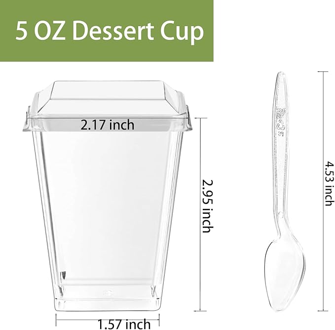 25Pack 5oz Plastic Dessert Cups with Lids and Spoons, Clear Parfait Appetizer Cups for Party, Mini Shooter Serving Cup, Square Dessert Shot Glasses for Tasting