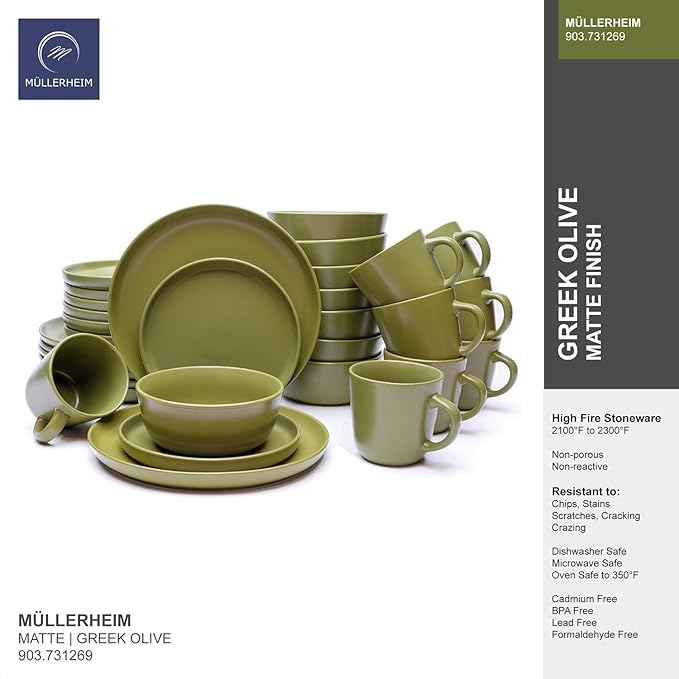 MÜLLERHEIM 903 Minimalist Collection 32-Piece Contemporary Ceramic Stoneware Dinnerware Sets for 8, Greek Olive Plates and Bowls sets, Dinner Plates Set, Salad Dish Set, Bowls, Cup