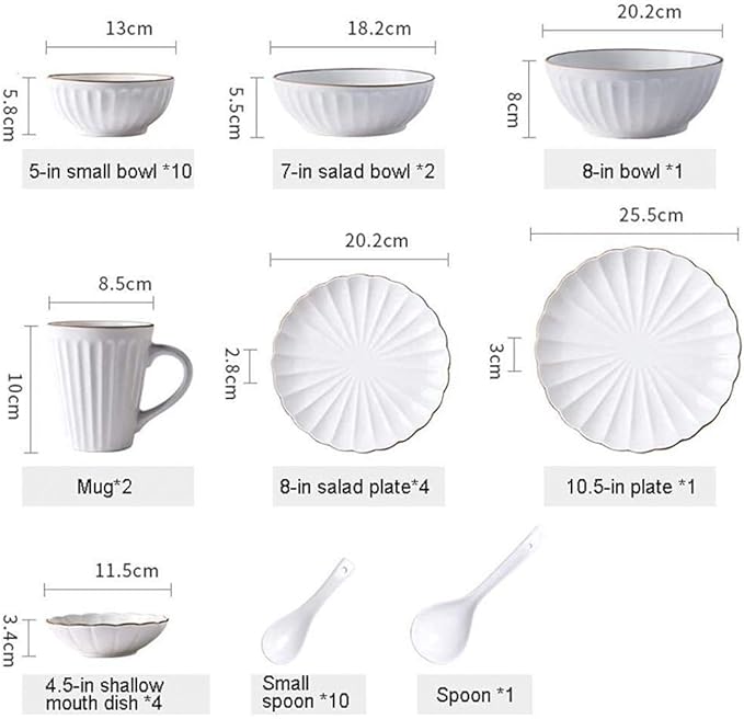 Elegant Pottery Tableware,35 Pieces Simplest White Ceramics Plates Bowls Combination Porcelain Petal Shape Combination Set