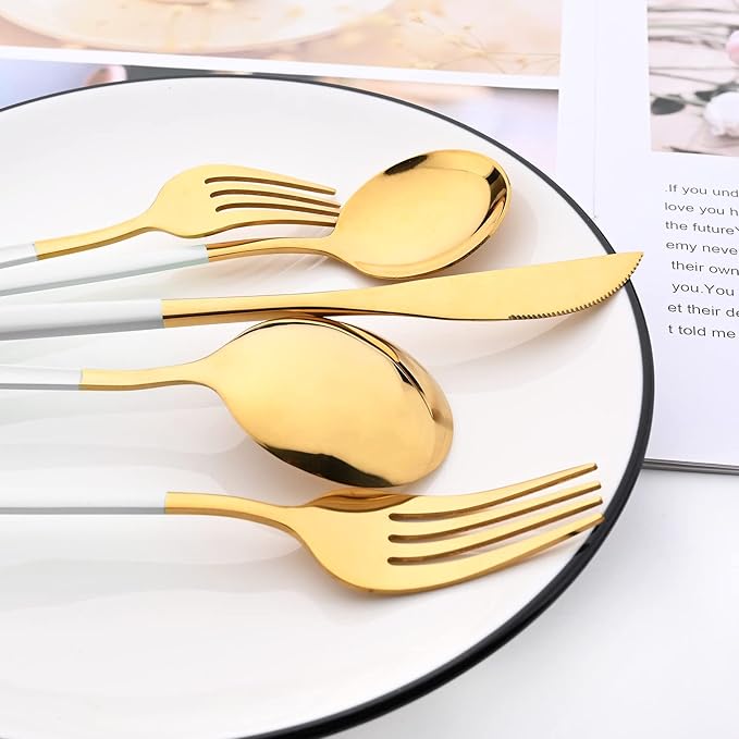 30-Piece Snplowum Mirror Flatware Serving Set, 18/0 Stainless Steel Dinnerware With White Handle, Modern Durable Home Kitchen Eating Tableware Set Service For 6 (White Gold)