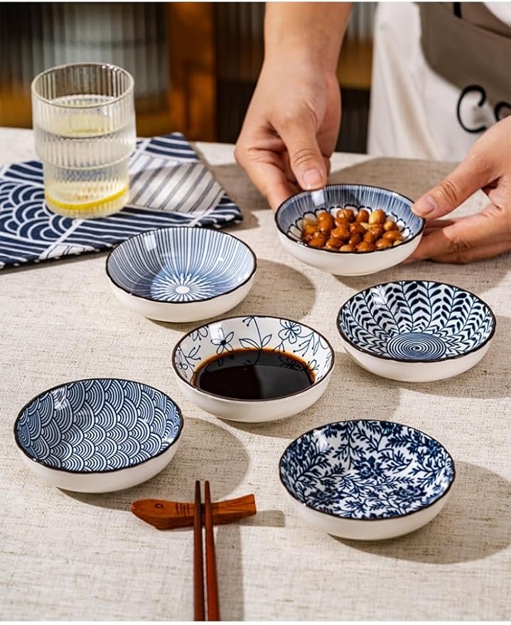 6 Pack 3 oz Small Ceramic Side Dish Japanese Dipping Sauce Dish Soy Sauce Dish Cute Mini Bowls for Sushi,Dipping,Ketchup,Condiment,Snack,BBQ Party (cyan blue)