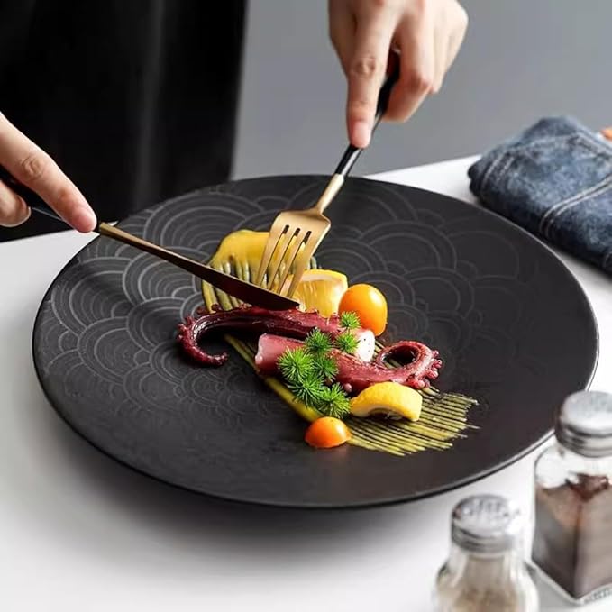 SONGCHAO Party Supplies Black Western Steak Plate Home Kitchen Ceramic Tableware Restaurant Flat Plate Dessert Plate Appetizer Plate Party Plates (Color : 21cm)