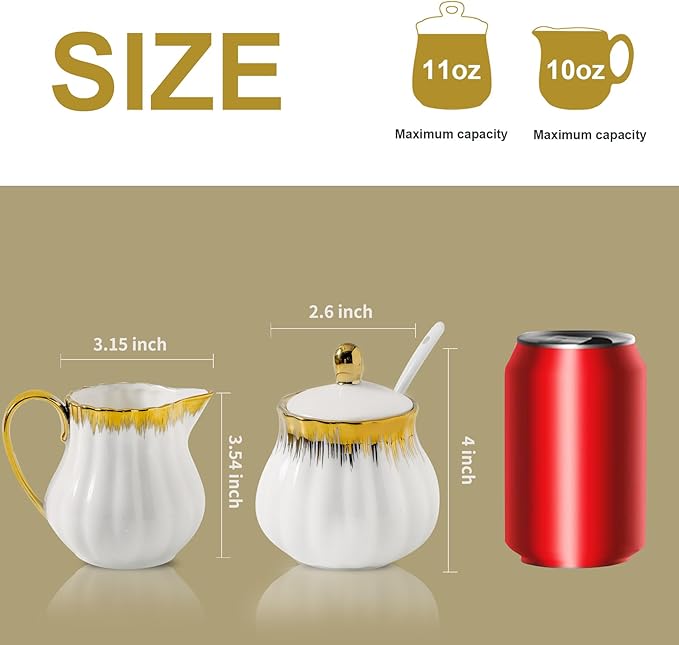 Ceramic Sugar and Creamer Set, White Sugar Bowl & Creamer Set with Gold Trim, 3 Piece with 10oz Cream Pitcher, 11oz Sugar Bowl with Lid and Spoon, Coffee Serving Set for Café, Afternoon Tea
