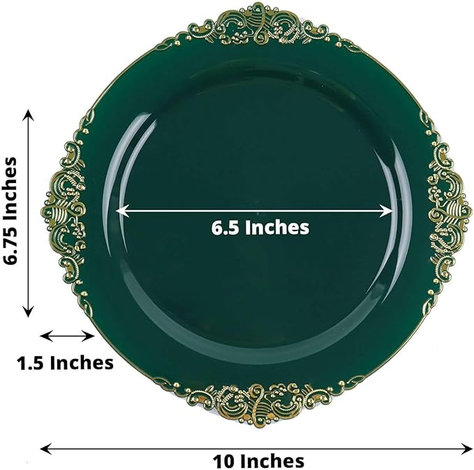 10" Dinner Plates -Set of 30 - Plastic Hunter Green Round Baroque Disposable Chargers Leaf Embossed Rim, Ideal for Dinner Party Wedding Bulk Events