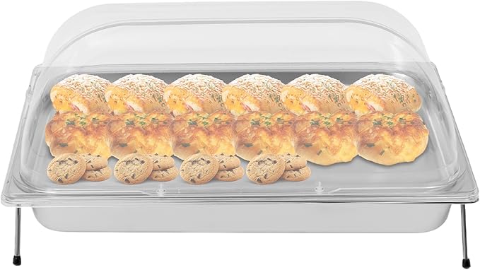 Ice Food Serving Tray, Stainless Steel Food Serving Container with Clear Roll Top Cover, Cold Buffet Platter Cooler Chiller, Food Display Plate with Ice Tray for Seafood Fruit Desserts Party