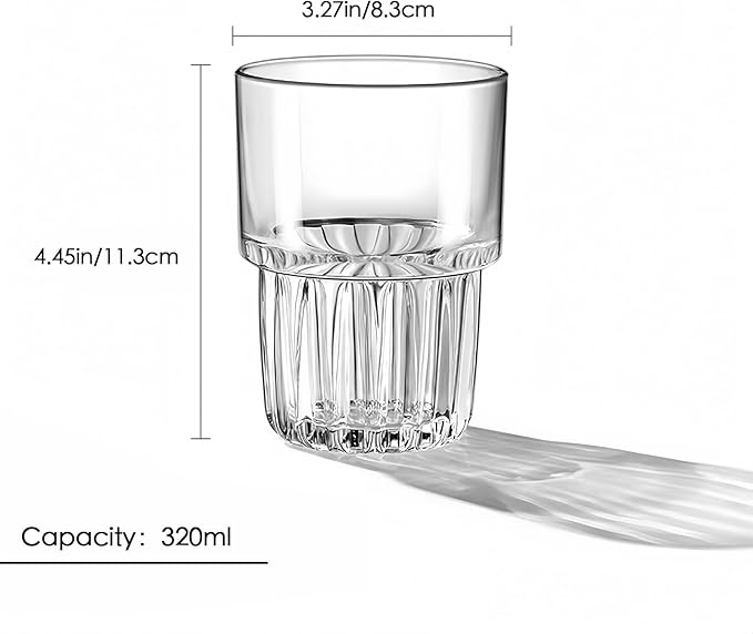Scidea 11oz Drinking Glasses Set of 4, Juice Glasses Stackable Tall Glass Mugs for Tea Iced latte Coffee Glass, Beer Glasses, Cocktail Glasses,Water glasses for bar, restaurant