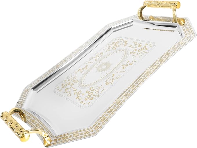 Serve Tray for Coffee Table Dresser Organizer Serveware Platter Jewelry Dish with Gold Polished Metal Handles Vintage Decorative Plates Perfume Living Room Kitchen Serving Tray
