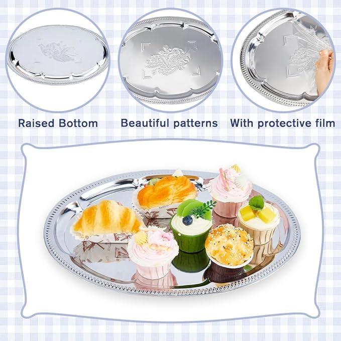 DICOSMETIC 5Pcs Large Silver Serving Trays Set 16x11.65x0.59 Inch Stainless Steel BBQ Grill Trays Oval Flower Engraved Tray Metal Serving Platter for Food Cookies Desserts Table Party Home
