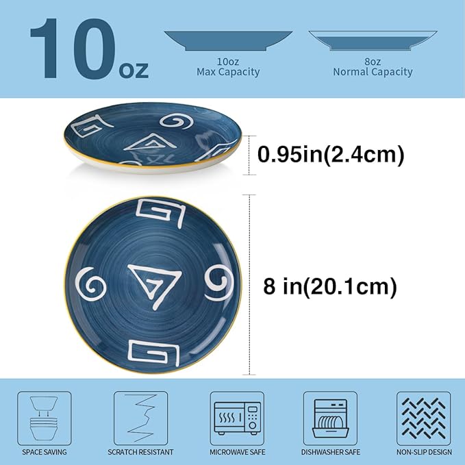 Yeacccng Dinner Plates Set of 4, Ceramic Sandwich Plate, 8 Inch Saucers Plates, Shallow Plates for Kitchen Decor, Scratch-Resistant, Lead-Free, Dishwasher & Microwave Safe, Easy Clean