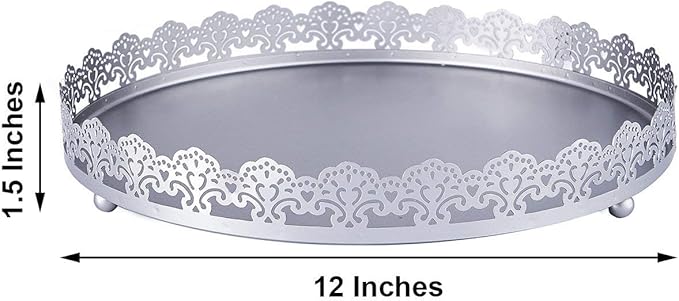 Plastic Round Premium Decorative Serving Tray with Embellished Rims - Silver
