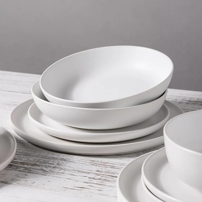 Stoneware Dinnerware Set, 16 Piece Plates and Bowls Set for 4, Microwave and Dishwasher Safe Tableware (white)