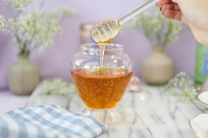 Teabloom Pure Bliss Honey Jar with Dipper and Lid - Hand-crafted with Highly Hygienic, Non-Porous Borosilicate Glass (14 oz)