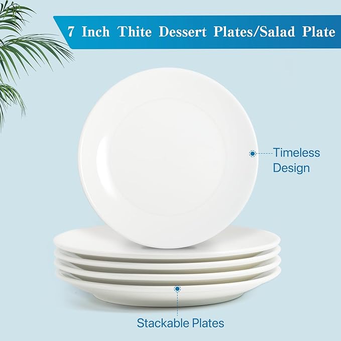 Ceramic Dessert Plates Set of 6,7 Inch White Appetizer Plates,Round Small Salad Plates Dinner Plates,Porcelain Dessert Plates for Snacks Cake,Microwave & Dishwasher Safe