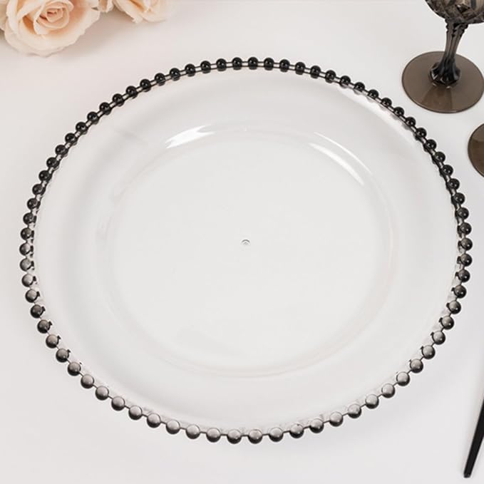 13" Charger Plates - Set of 24 - Clear/Black Round Acrylic Disposable Chargers with Beaded Rim, Ideal for Dinner Party Wedding Bulk Events
