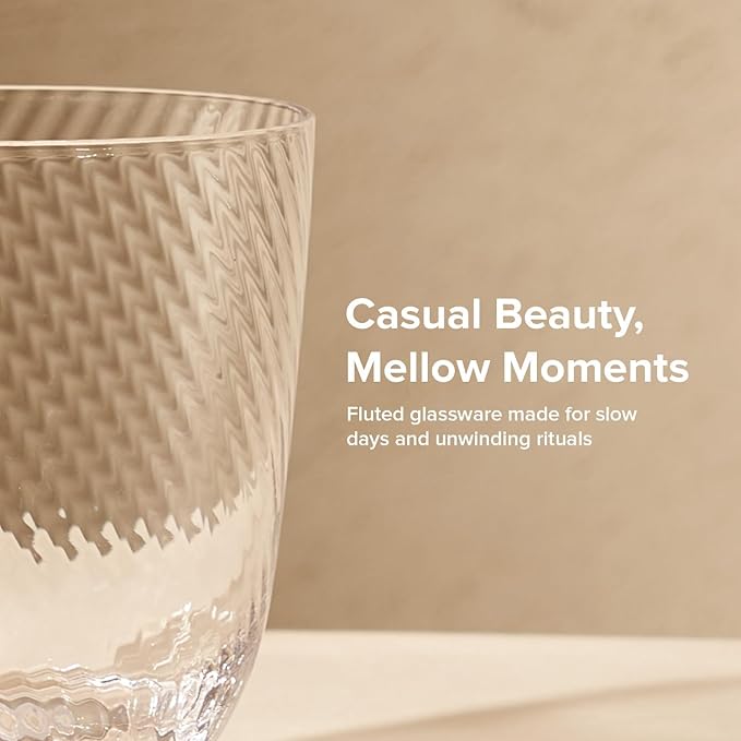 mopio Mellow Fluted Drinking Glasses Set of 4, 11.5 oz, Dishwasher Safe, Trendy Barware for Parties, Wedding & Home, Fun Aesthetic Drinkware Gift in Eco-Friendly Packaging, Soda-Lime Glass (Clear)