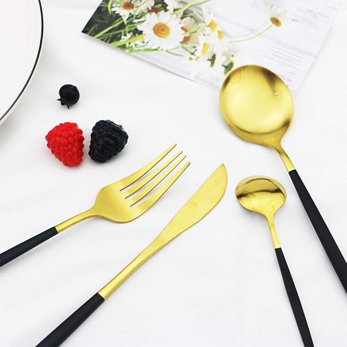 JASHII Matte Finish Black Gold Flatware Serving Set 24 Piece, Stainless Steel Silverware Set, Cutlery Set, Modern Elegant Tableware Set for Party, Christmas, Dinner (Black Gold)