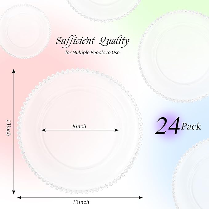 24 Pack Clear Charger Plates 13 Inch Clear Plastic Charger Plates with Beaded Rim Acrylic Round Dinner Plates for Home Kitchen Catering Wedding Table Event Party Dinner Tabletop Decoration (Clear)