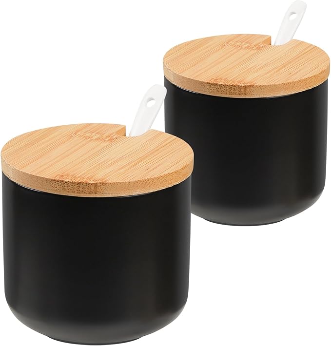 VanEnjoy Set of 2 Black Sugar Bowl with Lid 10oz Ceramic Sugar Bowl Salt Cellar with Lid and Spoon Salt Jar for Seasoning Sugar Container with Spoon