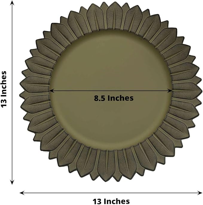 13" Charger Plates - Set of 12 - Matte Olive Green Sunflower Plastic Chargers, Disposable Round Acrylic Serving Trays For Dinner Wedding Party Events