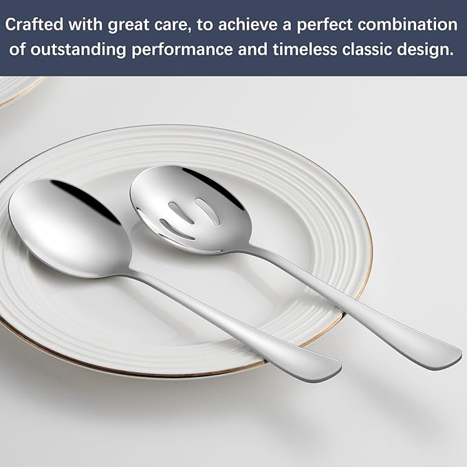 6-Piece Stainless Steel Serving Spoon Set, Mirror Polished Buffet Utensils with 3 Regular and 3 Slotted Spoons for Kitchen, Home (3 Spoons+3 Slotted Spoons)