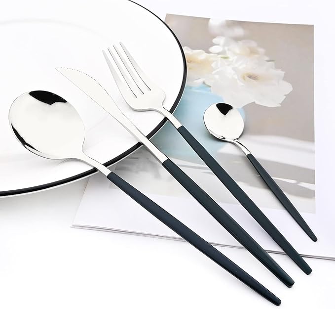 40 Pcs Silverware Set With Teaspoon For 10, Food Grade Stainless Steel Utensils Tableware Set, Elegant & Simple Flatware Serving Set Include Knife Fork Spoon, Mirror (Green Silver)