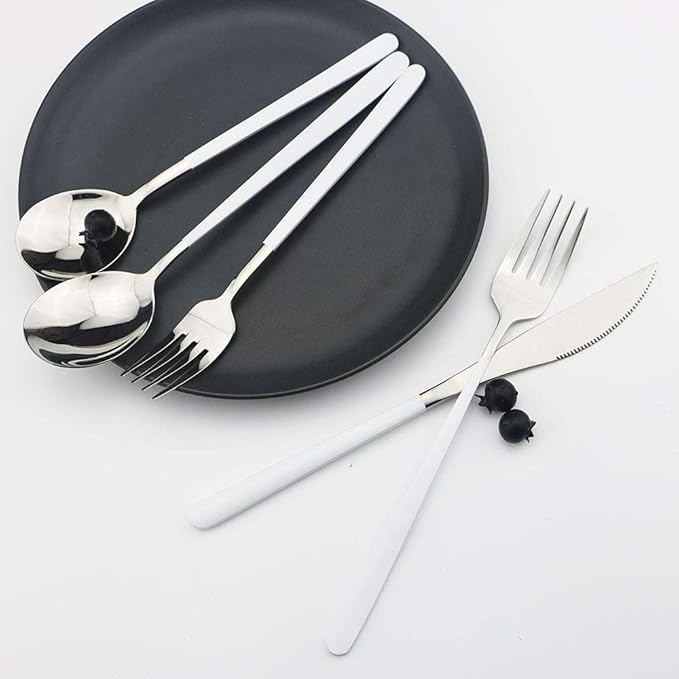 JASHII 20-Piece SUS304 Stainless Steel Silverware Set Luxury Flatware Cutlery Set Mirror Polished Service for 4 Include Knife Fork Spoon Dishwasher Safe (White silver)