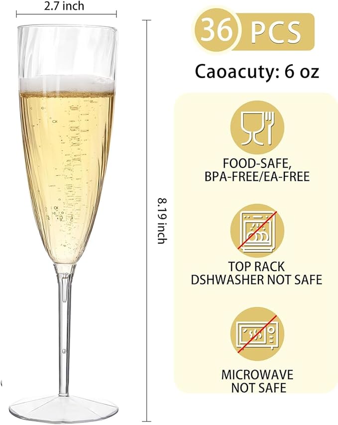 WDF 36PCS Clear Champagne Flutes Plastic - 6 OZ Clear Disposable Champagne Flutes Party Supplies for Wedding/Birthday/Parties