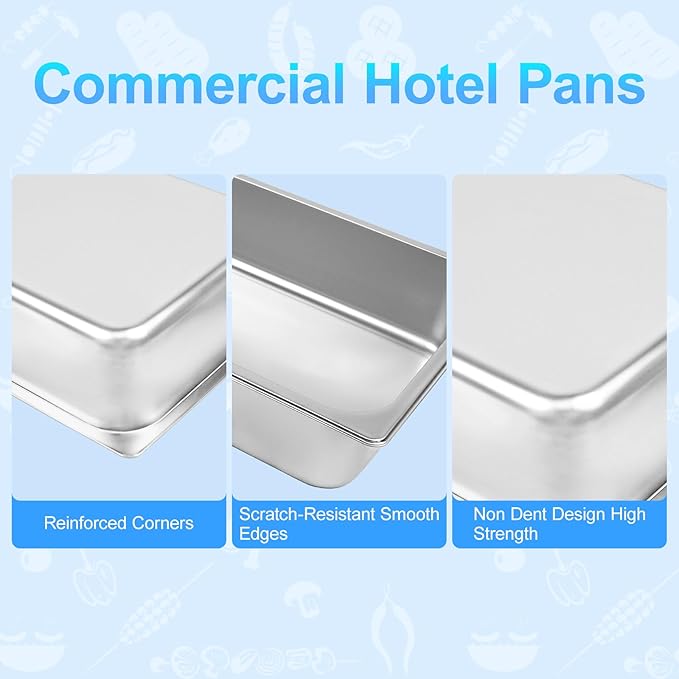 6 Pack Hotel Pans, 1/1 Size 4" Deep Stainless Steel Trays for Food, 20.8" L x 13" W Catering Food Pan Commercial Table Pan for Hotel, Restaurant, Buffet, Party Supplies