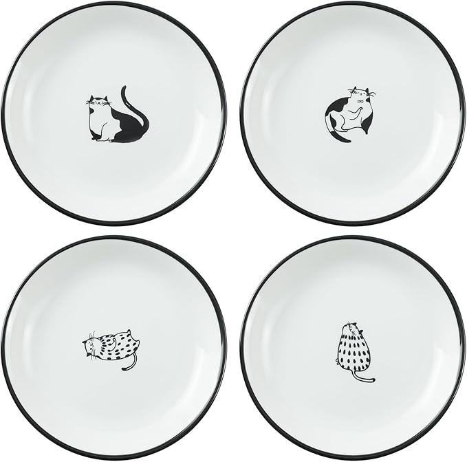SOCOSY Cute Cartoon Gentleman and Dot Cat Ceramic Seasoning Dishes Sauce Dish Sushi Dipping Bowl Appetizer Plates Tea Bag Holder Serving Dish for Kitchen 5 Inch, Set of 4