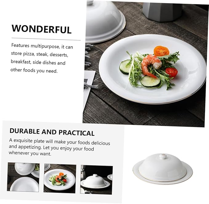 Mobestech Gold Trimmed Ceramic Plate with Lid for Western-style Cuisine Steak Serving Tray Food Storage Dishwasher Safe for Entertaining and Meal Prep