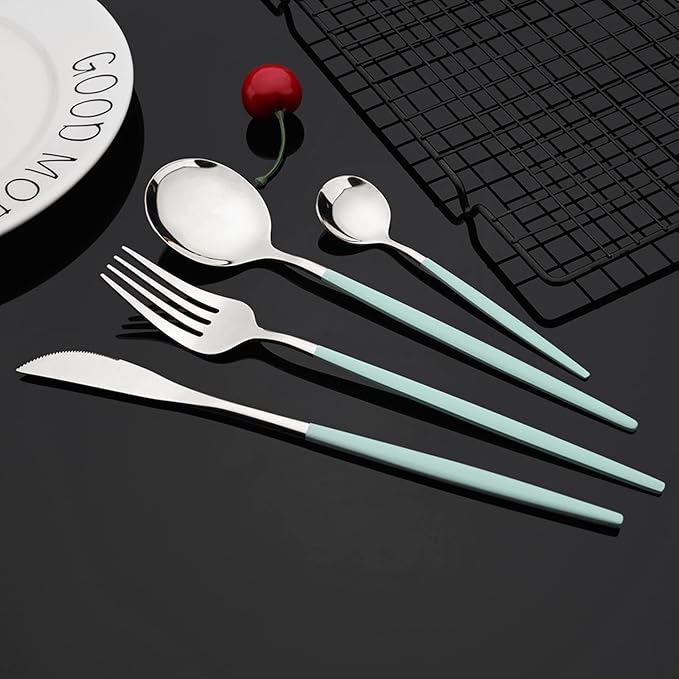 JASHII Mint Green and Silver Hanging Flatware Set Include Knife Fork Spoon Teaspoon and Stand, 24pcs Stainless Steel Utensils Set Service for 6,Modern Design & Mirror Polished, Great Gift