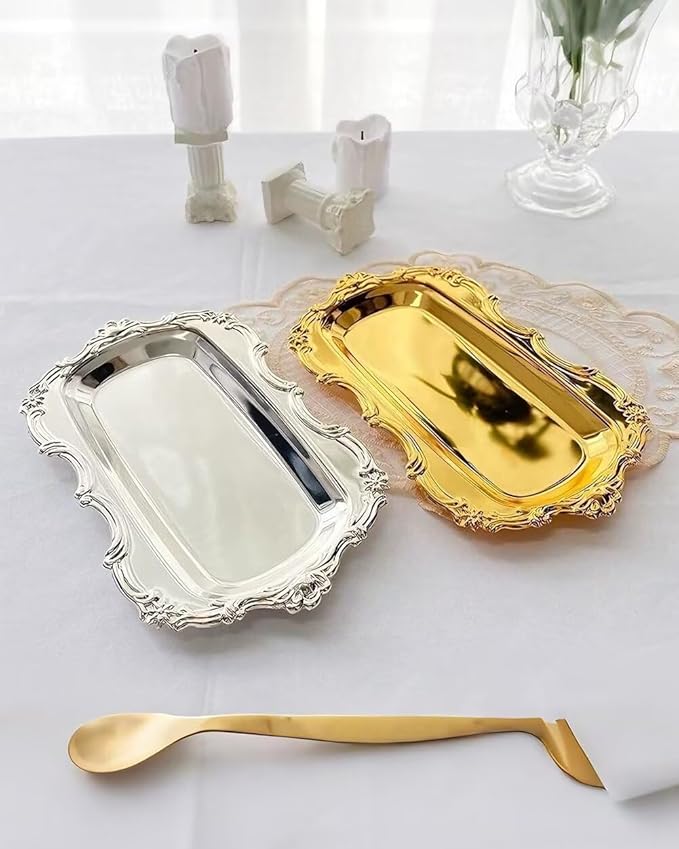 3PCS 8in Vintage Serving Trays Set Decorative Tray Metal Tableware Platters for Cookies Desserts Party Food Display (Silver)