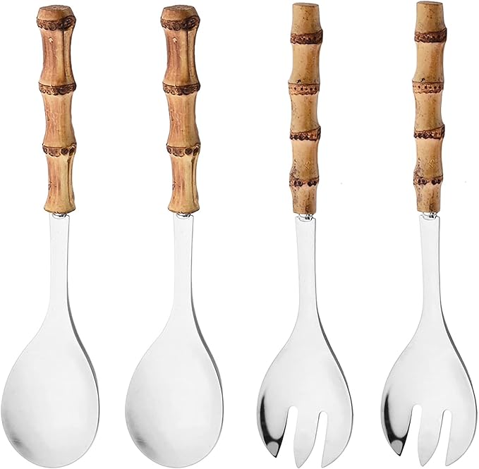 4 Piece Bamboo Handle Serving Set Utensils, 304 Stainless Steel Long Hanlde Serving Fork Spoon For Kitchen Buffet Restaurant Wedding Party Home (2 Spoons 2 Forks, Silver)