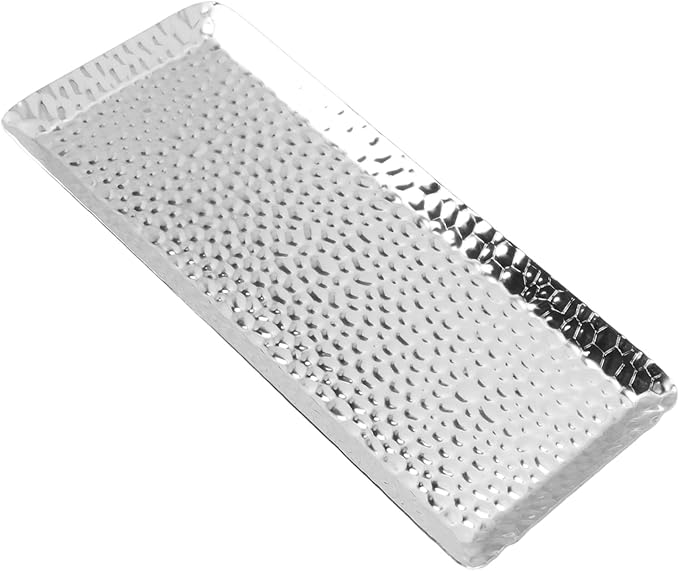 Metallic Towel Serving Tray Hammered Stainless Steel Dishwasher Safe Plate for Home Restaurant 25x11cm (Silver)