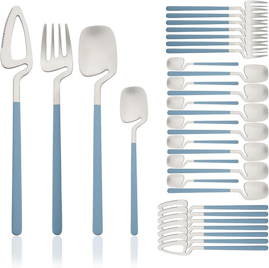 Brushed Flatware Set for 8, Uniturcky 32-Piece Matte Silverware Set with Colored Handles, 18/10 Stainless Steel Dinnerware Tableware Set, Eating Utensils for Party/Wedding/Home, Blue Handle