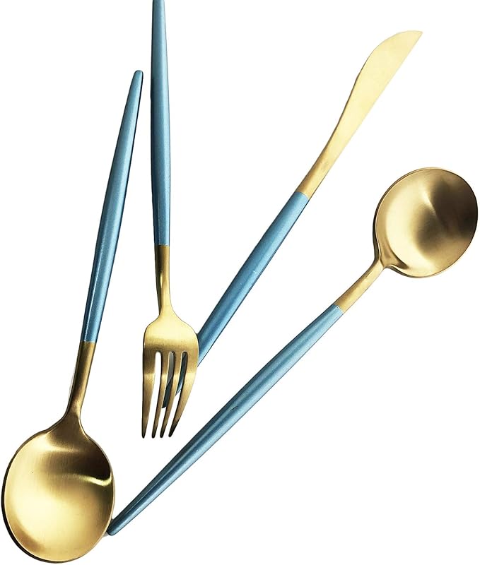 Silverware Set, Hand polished Matte Gold Blue Flatware Cutlery Set Service for 2, Satin Finish 10 Pieces 18/10 Stainless Steel Utensils Set for Home and Restaurant, Dishwasher Safe