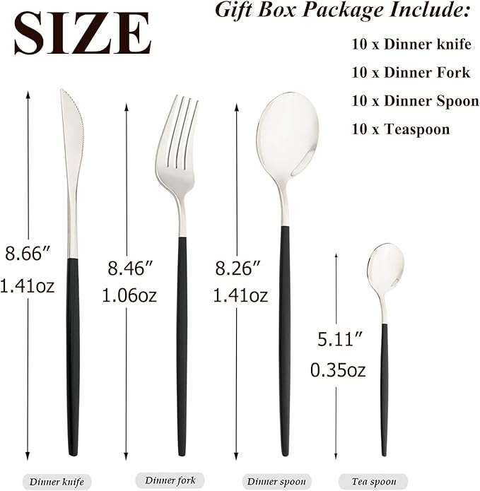 40 Pcs Silverware Set With Teaspoon For 10, Food Grade Stainless Steel Utensils Tableware Set, Elegant & Simple Flatware Serving Set Include Knife Fork Spoon, Mirror (Black Silver)