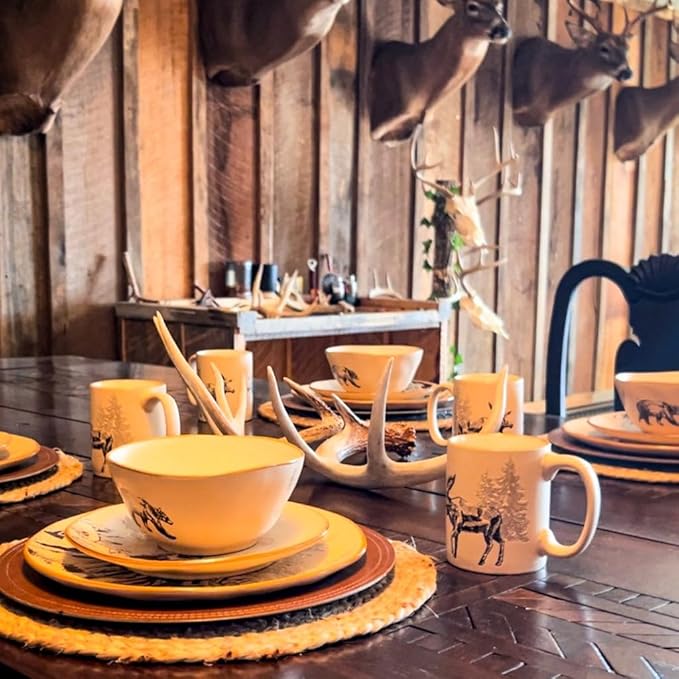 Paseo Road White Pine 16 Piece Ceramic Dinnerware Set, Pine Tree Bear Deer Moose Fox Print, Modern Rustic Cabin Lodge Dish Set with Plates, Bowls, Mugs