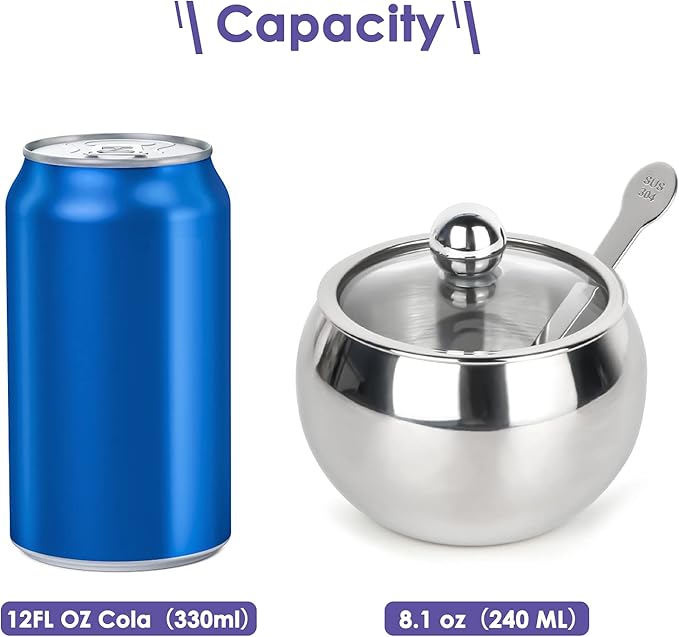 asika Sugar Bowl, Stainless Steel Sugar Pot with Clear Lid and Spoon, Drum Shape Small Condiment Container for Home and Kitchen, 8.1 Ounces(240 Milliliter)