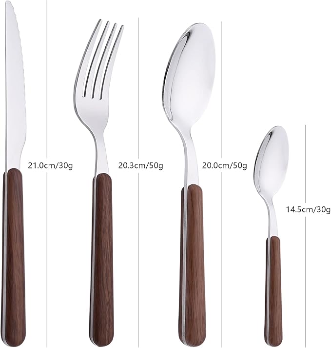 Brown Silver Silverware Set, 16 Pieces Stainless Steel Flatware Cutlery Set with Faux Wooden Handle, 4 x Dinner Knife, 4 x Dinner Fork, 4 x Tablespoon, 4 x Fruit Fork, Mirror Polished