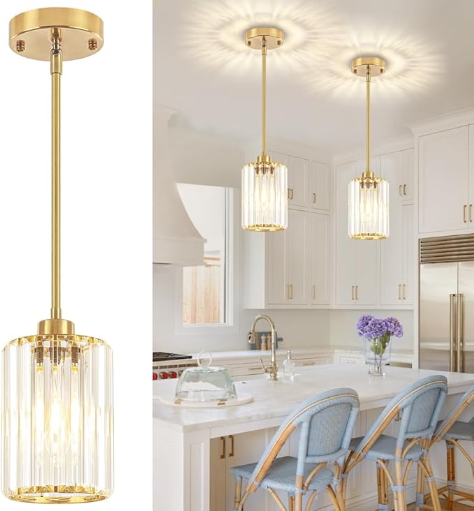 2 Pack Pendant Lights Kitchen Island, Modern Brushed Gold Pendant Light Fixtures, Kitchen Hanging Lights Mini Chandelier Crystal Pendant Lighting for Island Dining Room Hallway Bedroom