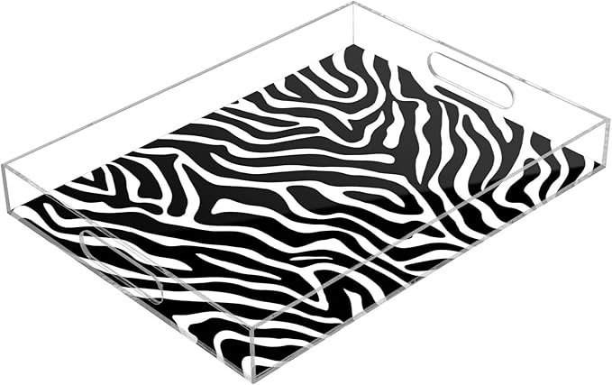 Serving Tray with Handles Clear Acrylic Tray 12x16 Inch Decorative Rectangular Tray Organizer for Ottoman Coffee Table Bathroom White Black Zebra Print