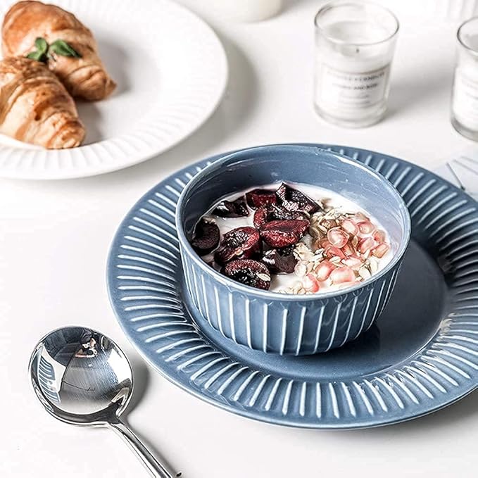 26pcs Dinnerware Sets for 5, Ceramics Dinner Set, Tableware Set in French Style, Blue White Stripe Plates and Bowls Set, Complete Combi-Porcelain, Microwave and Dishwashe