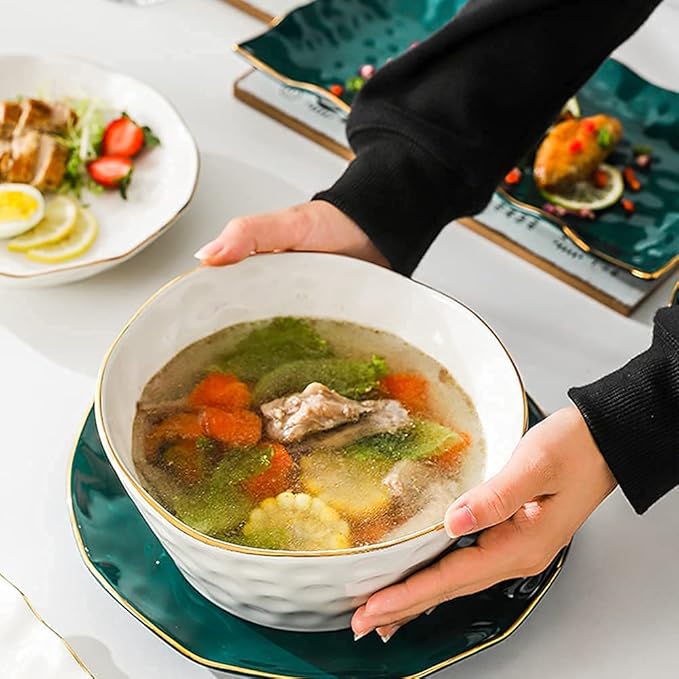 Classic 52 Pcs Dinnerware Sets, Nordic Style Bone Porcelain Tableware Set with Plates Dish and Bowls, Green White Ceramic Dinner Set with Gold Rim for Home Kitchen,