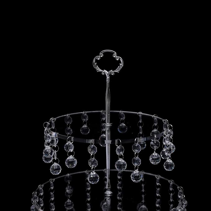 4PCS Mirror Crystal Wedding Cake Stand Set for Dessert Display, Crystal Beaded Cupcake Holder Plate with Chains Silver/Gold for Party Decoration (Clear Round 4PCS)