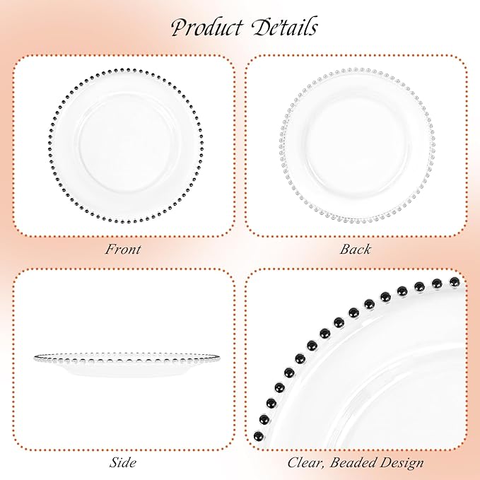 24 Pack Clear Charger Plates with Beaded Rim, 13 Inch Plastic Chargers for Dinner Plates Acrylic Round Tabletop Decoration for Home Kitchen Catering Wedding Table Event Party Dinner (Black)
