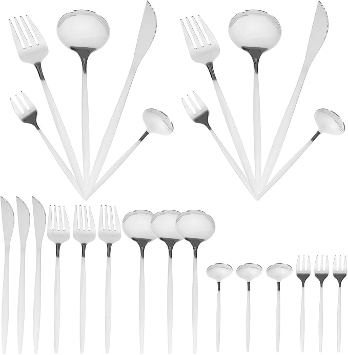30pcs Stainless Steel Cutlery Set Silver Flatware Serving Utensils Steak Forks Spoons Knives Dinner Tableware for Home and Restaurant
