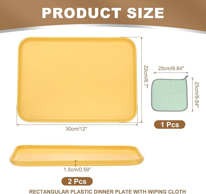 PATIKIL 12x8.7 Plastic Tray, 2 Pack Rectangular Plates Small Food Tray Wheat Plates Dishes Reusable Dessert Plate Trays with Cloth for Cake Fruits Salad Cupcake Steak Serving Yellow